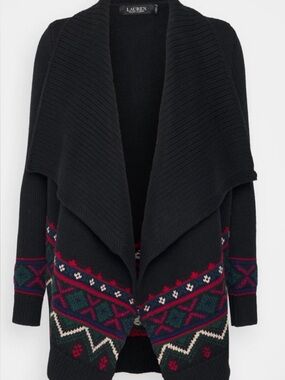 Lauren Ralph Lauren Fair Isle Shawl Collar Open Cardigan Black Size Small